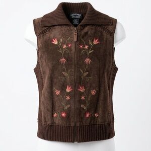 Vintage Folk Cottagecore Brown Leather/ Suede & Knit Floral Embroidered Vest M